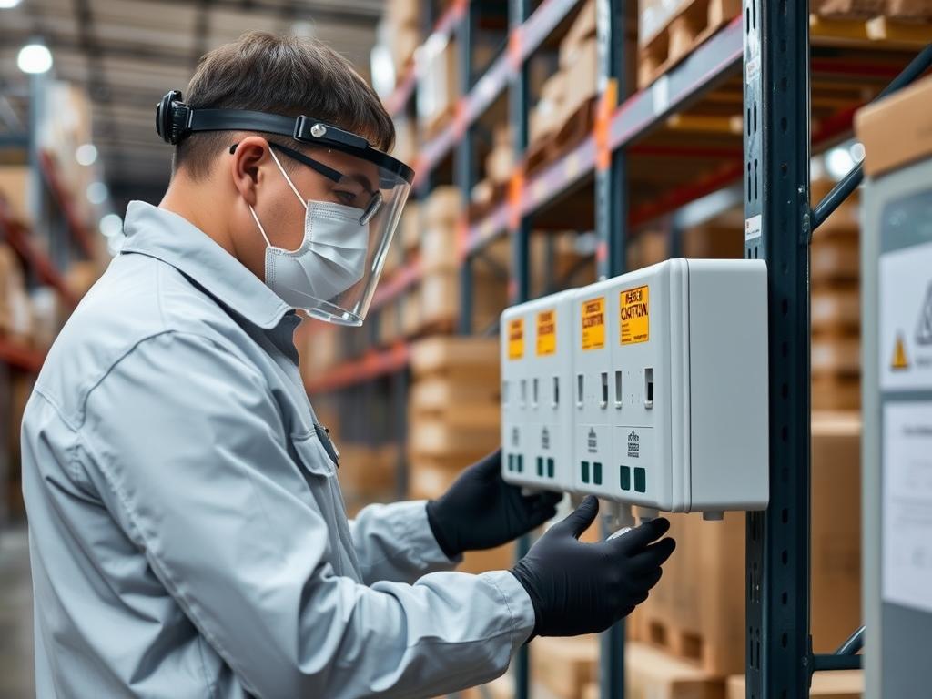 Técnico realizando desratización en un almacén comercial Técnico realizando desratización en un almacén comercial